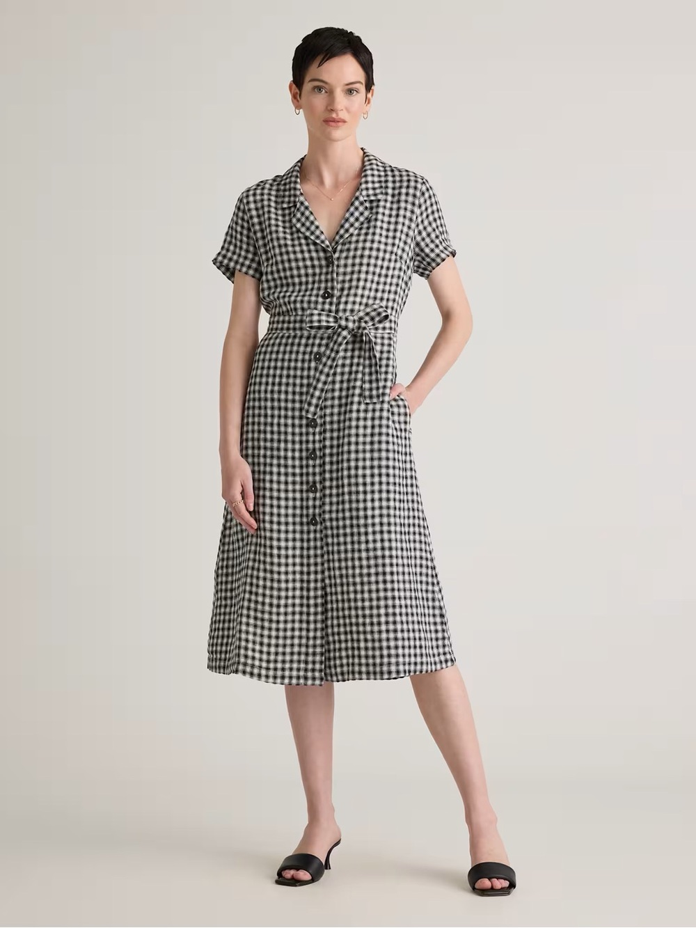 NWT Quince 100% European Linen Button Front Dress Black Gingham size Large